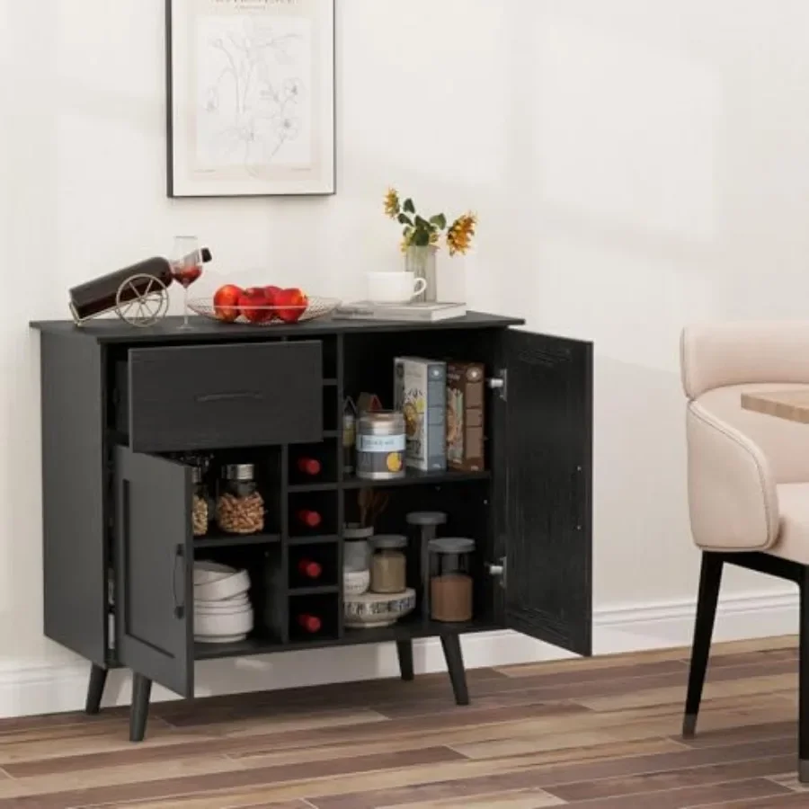 Wine Bar Cabinet for kitchen or living room use, made of wood with walnut finish, featuring 2 doors, 1 drawer, 6-bottle wine ra