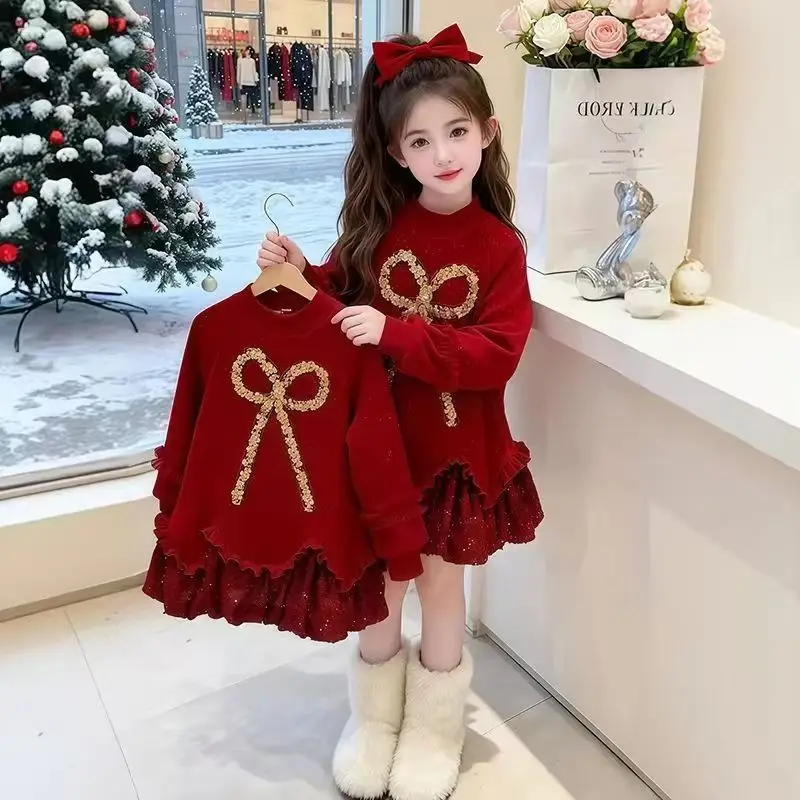 Girls' Thick Velvet Waiver Dress with One Piece Velvet for Small and Medium sized Children Shining and Warm Inner Wear