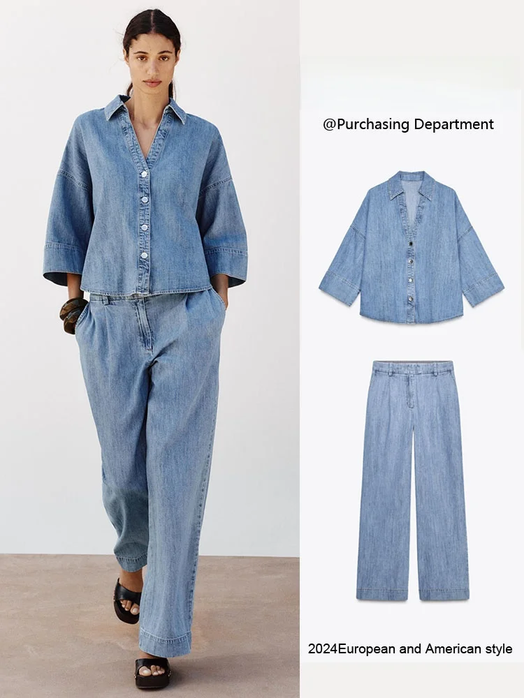 

Spring New Arrival Women's Denim irt High Waist Jeans Long Sve V-Ne Button-Up Faion Set High Waist Denim Pants