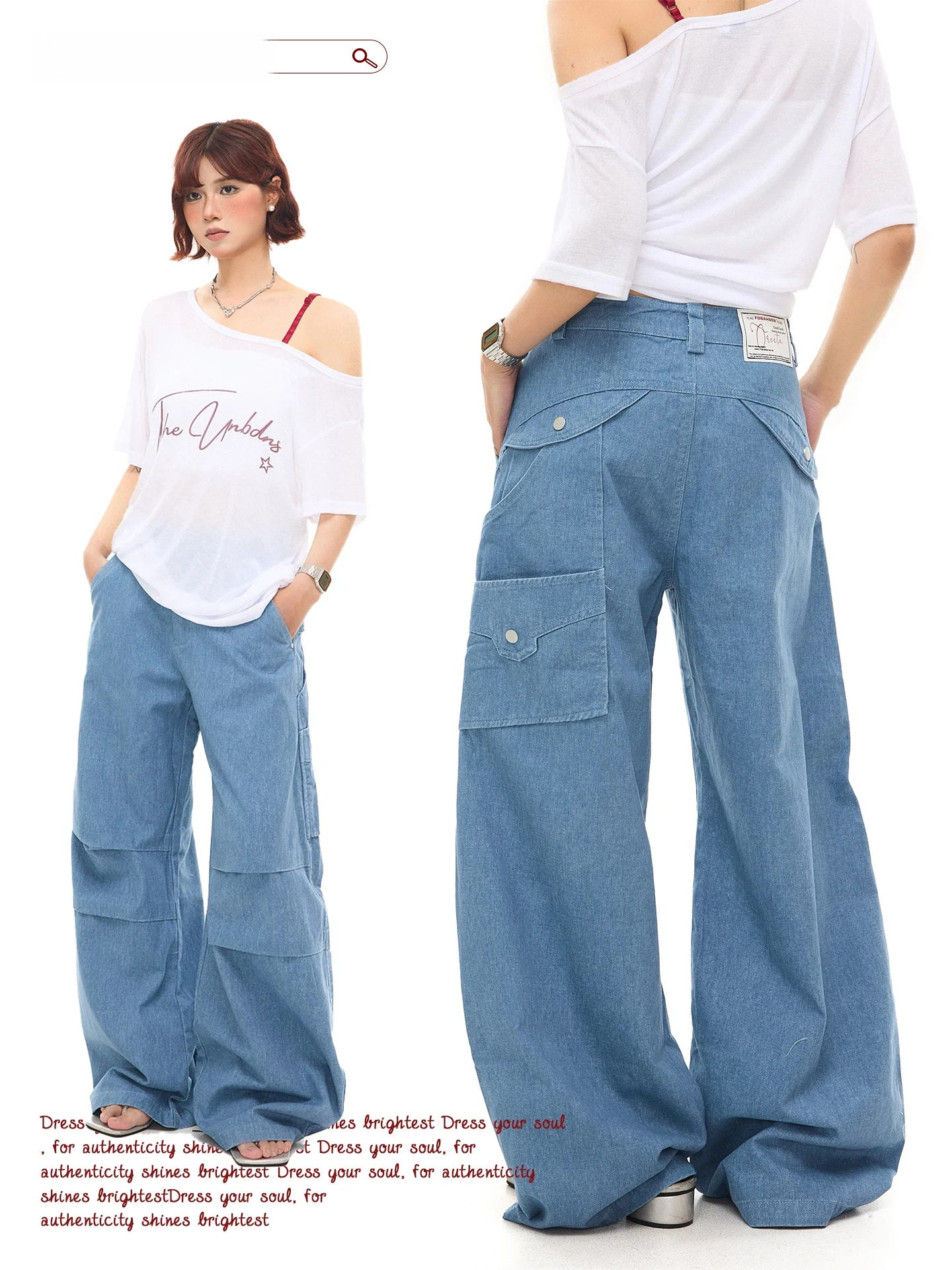 

Джинсы женские летние свободные в уличном стиле с широкими штанинами, в американском ретро-стиле, с эффектом потертости, с множеством карманов, в стиле рабочих брюк, от Chen Sticky Old Store