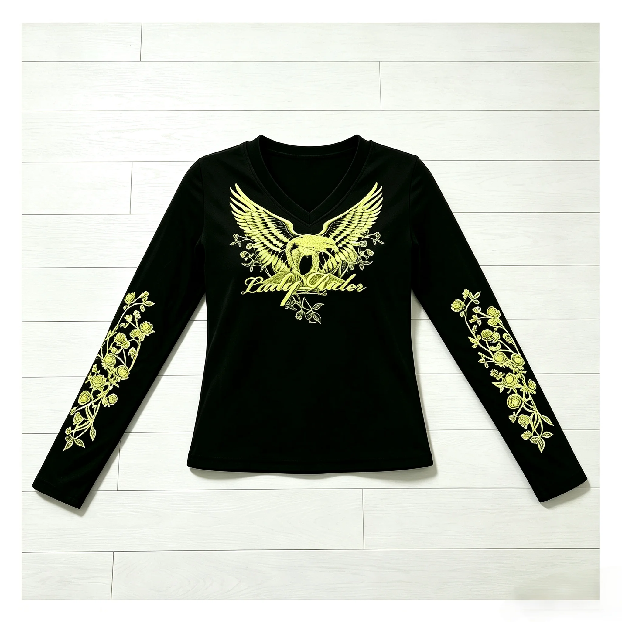 Vintage Gothic Women Long Sleeve T‑Shirt V Neck Ribbed Slim Fit Eagle Rose Floral Print Y2K Streetwear Casual Fitted Top