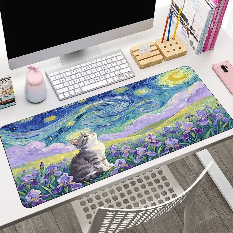 CIFBUY Starry Night Style Cat Large Mousepad Pretty Floral Field Non Slip Office Computer Keyboard Desk Mat