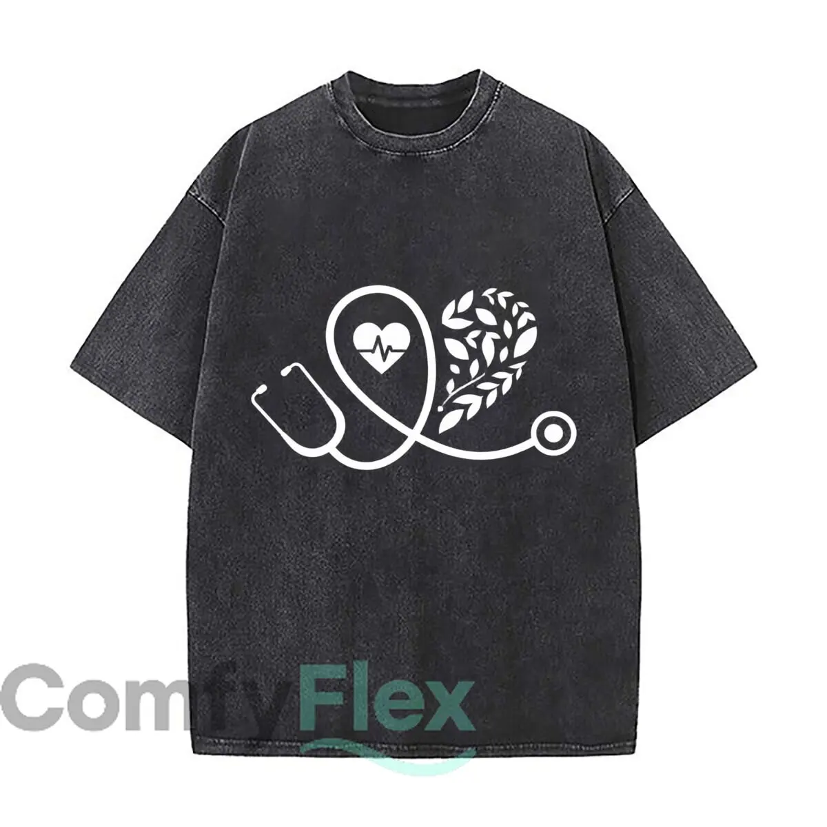 Nurse Floral Stethoscope Heart Medical Nursing Washed Distressed Loose Streetwear Tops for City Walks