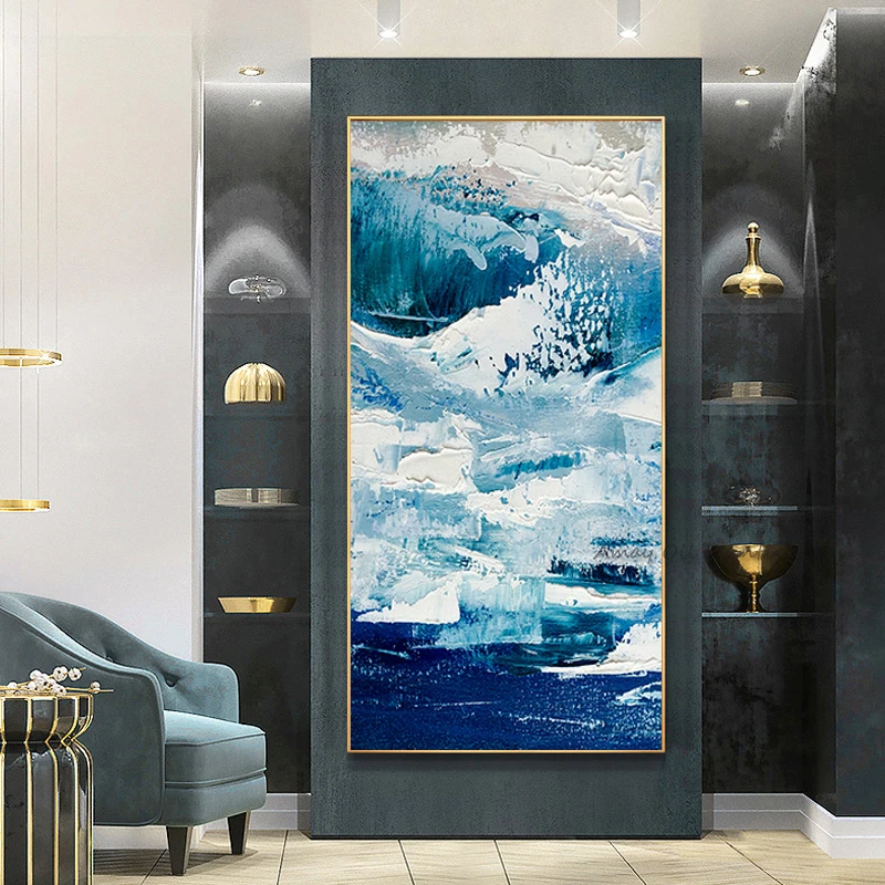 Handpainted Vertical Abstract Sea Oil Painting Thick Textured Blue Wave Wall Art Modern Entryway Coastal Home Decor