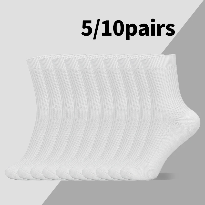 

5/10 Pairs Mid Length Socks Women Classic Black White Solid Color Fashionable Casual Sports Absorbing Breathable Double Needl