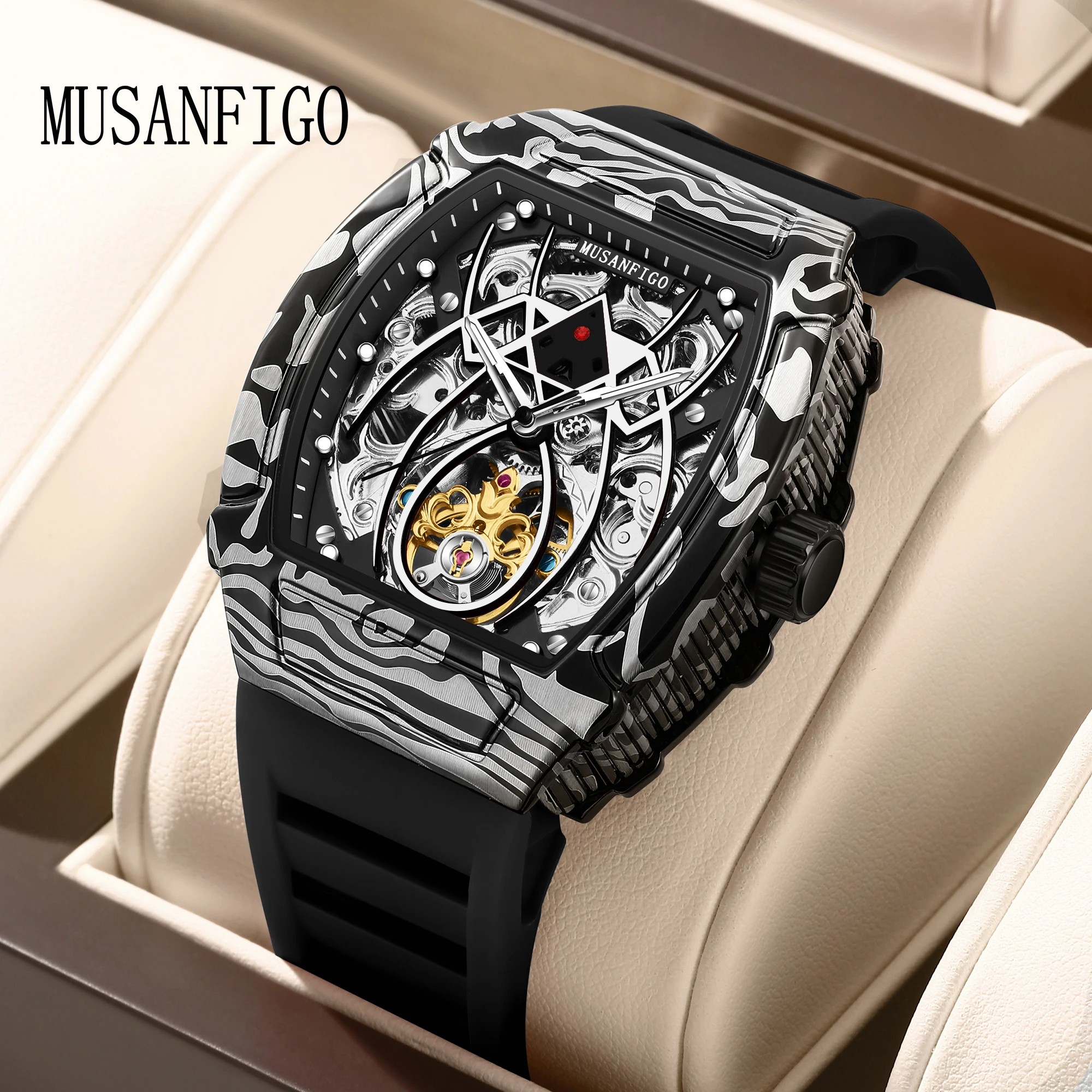 MUSANFIGO Spider hollow-out design luminous silicone strap automatic mechanical watch fashion men's national watch