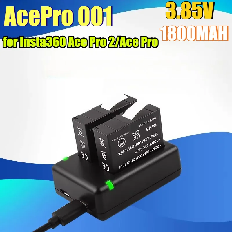 1800mAh High Capacity Rechargeable Battery with Dual-Slot Charger Dock for Insta360 Ace Pro 2/Ace Pro Fast Charging Power Kit