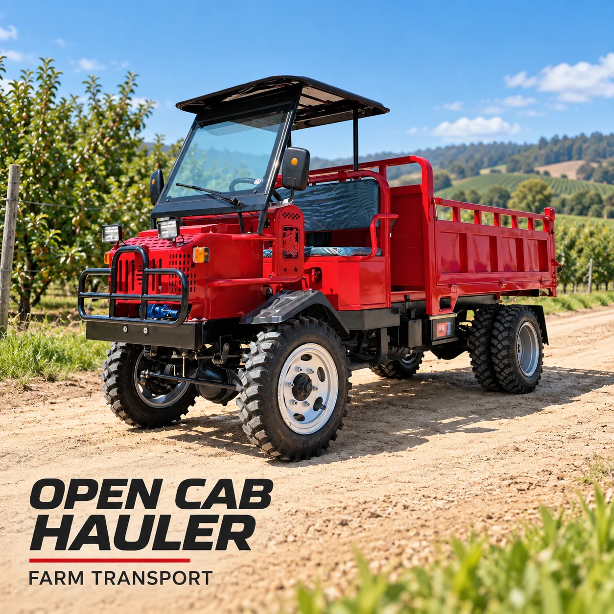 Agricultural Field Truck with Red Cargo Panels and Four Wheel Base for Supply Runs