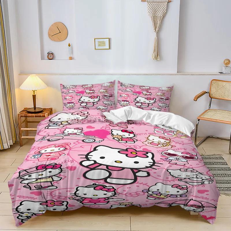 

Kawaii Sanrio Hello Kitty Printed Bedroom Bedding Set Duvet Cover With Pillowcase for Kids Teens Girls Bedroom Decoration Queen