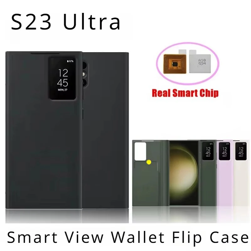 Smart View Wallet Flip Leather Phone Case For Samsung Galaxy S23 Ultra SM-S918B Smart View Free-flip Cover With smart chips