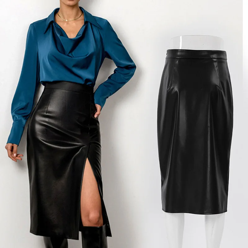 Spring Autumn 2024 Women's High Waist Slit Leather Skirt Casual Style Half Body Skirt Popular Hot Sale Cross-Border Product