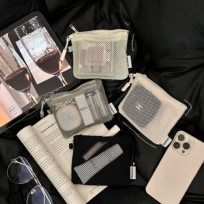 Travel Makeup Storage Bags New Mesh Coin Purse Simple Portable Mini Bag Multi-purpose Square Bag Double-layer Zipper Card Holder