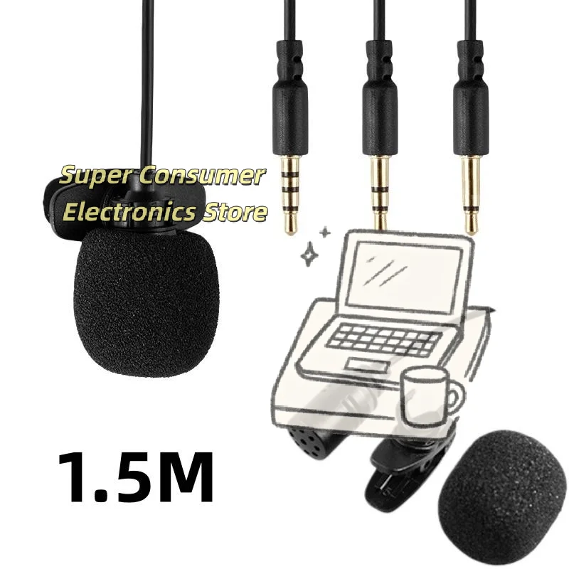 Clip-On Lavalier Microphone with Omnidirectional Mic, 1.5m 3.5mm TRRS for Smartphones & Laptops