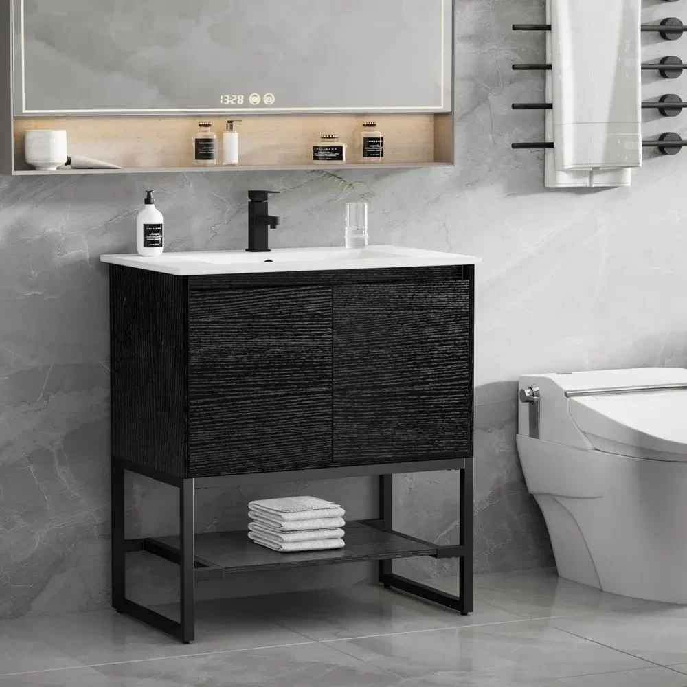 

30" Bathroom Vanity with Sink Combo, Includes Built-in Power Socket, Metal Frame, Matte Black Faucet and 2 Soft-Closing Door