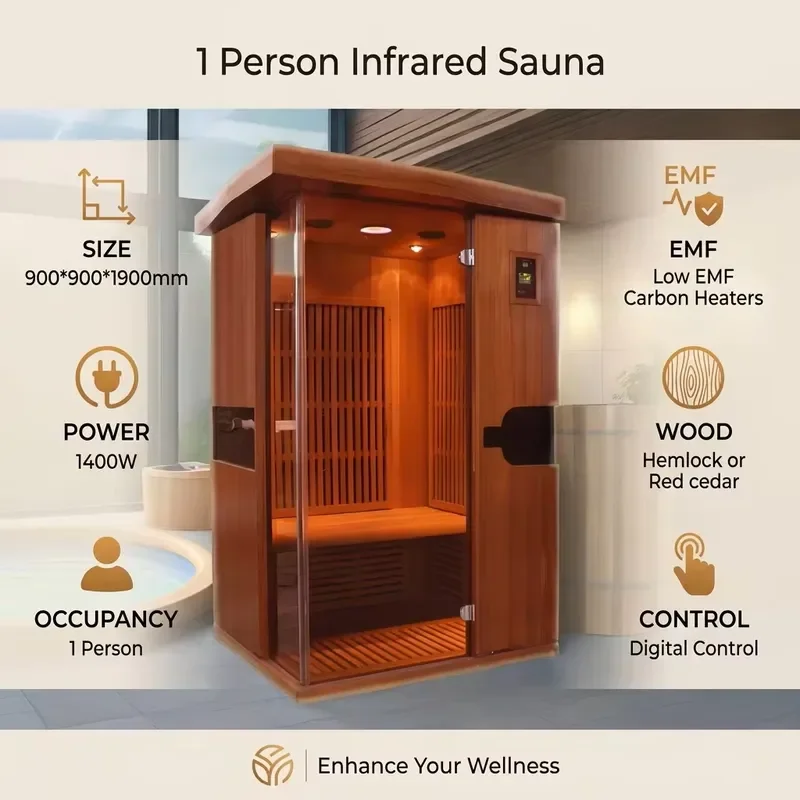 1 Person Infrared Sauna Ash Wood Low EMF Carbon Heater Digital Control Suitable for Apartment Bedroom Family Spa