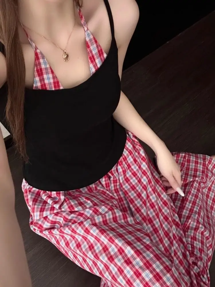 

Sexy Plaid Halter Top And Bottoms Two-Piece Set for Women Summer Large Size Fat MM Pure Desire Fashionable Outerwear Ensemble