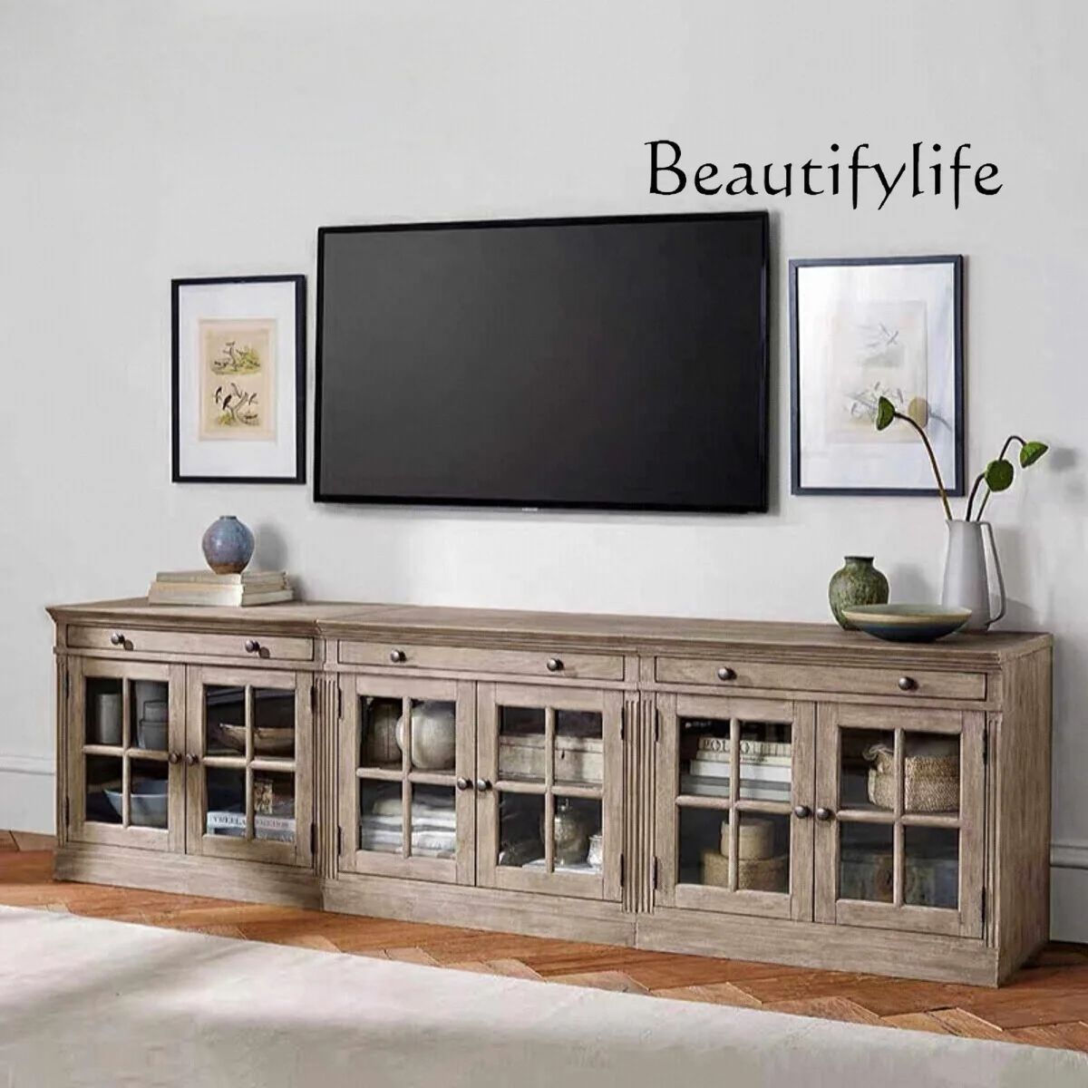 

French retro solid wood TV cabinet small apartment household storage dining side cabinet living room glass door against the wall