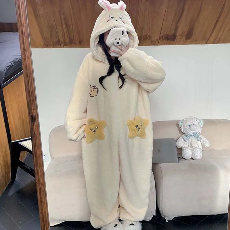 Anime Chiikawas Hachiware Jumpsuit Pajamas Women's Winter Coral Velvet Home Clothes Cartoon Student Sleepwear Thicken Warmth