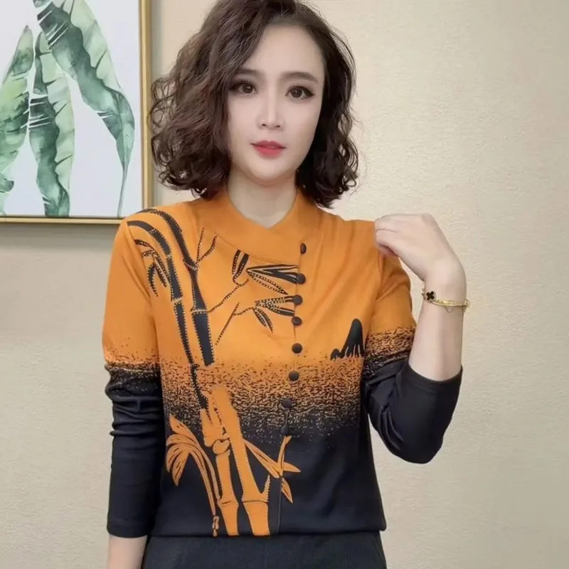 Women's Gradient Bamboo Print Stand Collar T-Shirts Half Placket Long Sleeve Tees Casual TopYY29