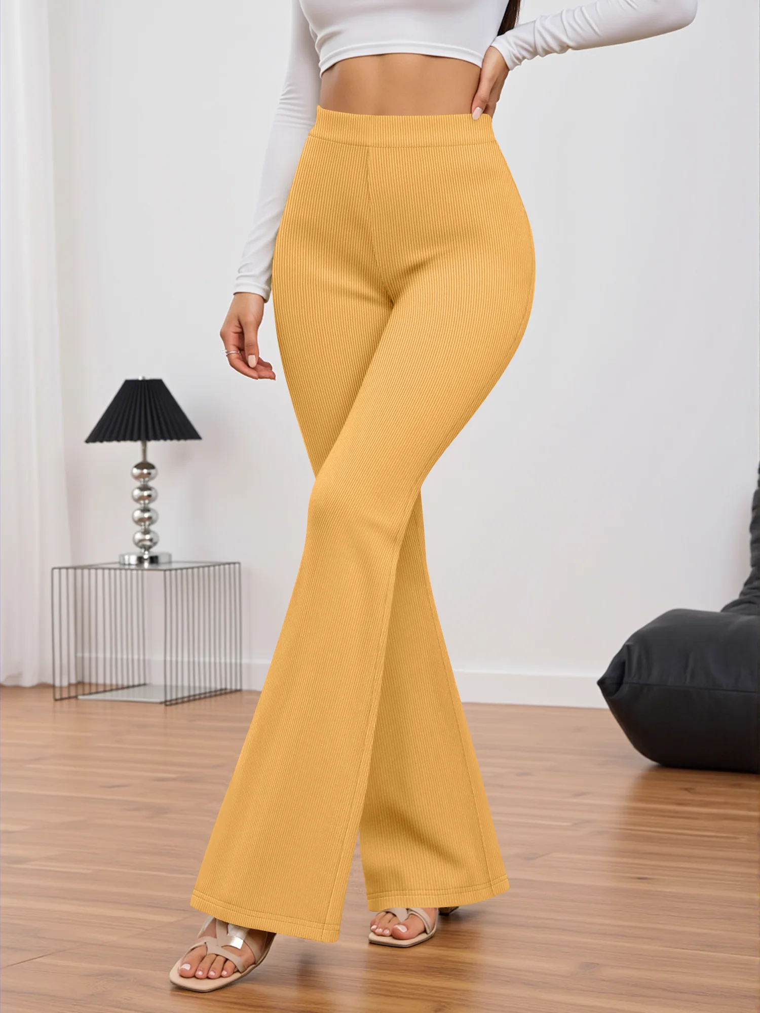 Women Elastic Ribbed Knit Flare Pants, High Waist Flowy Bell Hem Long Trousers, Trendy Streetwear for Young Girls Daily Look