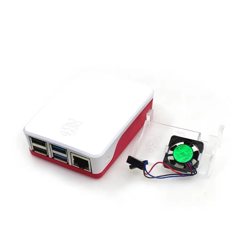 Obudowa ochronna z wentylatorem chłodzącym ABS do Raspberry Pi 4 generacji B, model Raspberry Pi 4B, klasyczna czerwono-biała obudowa.