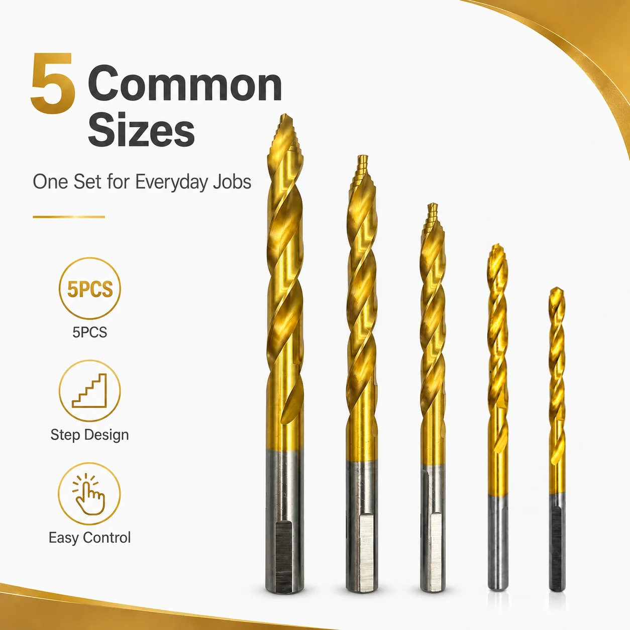 5-teiliges Titanbeschichtetes Stufenbohrer-Set 4-10mm HSS Spiralnut-Stufenspitze Gerader Schaft für Aluminium Holz PVC