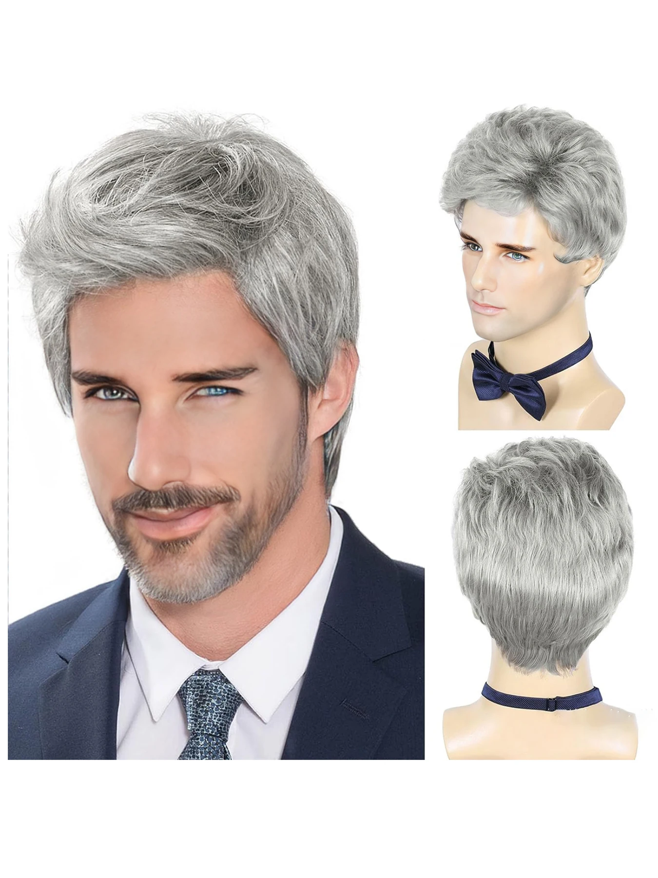 Men Wigs Short Silver Gray Wig Synthetic Heat Resistant Natural Halloween Cosplay Hair Wig