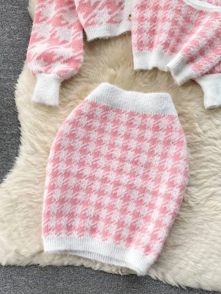 Nowa jesienna dzianina Plaid Cardigans + Camisole + spódnice 3 sztuk zestawy koreańska krótka sweter płaszcz + kamizelka + Mini spódnica garnitury