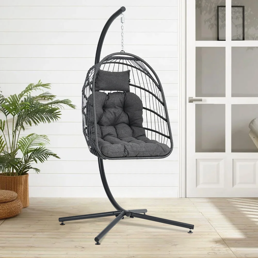 Hanging Egg Shaped Rattan Swing Chair with Stand and Cushion