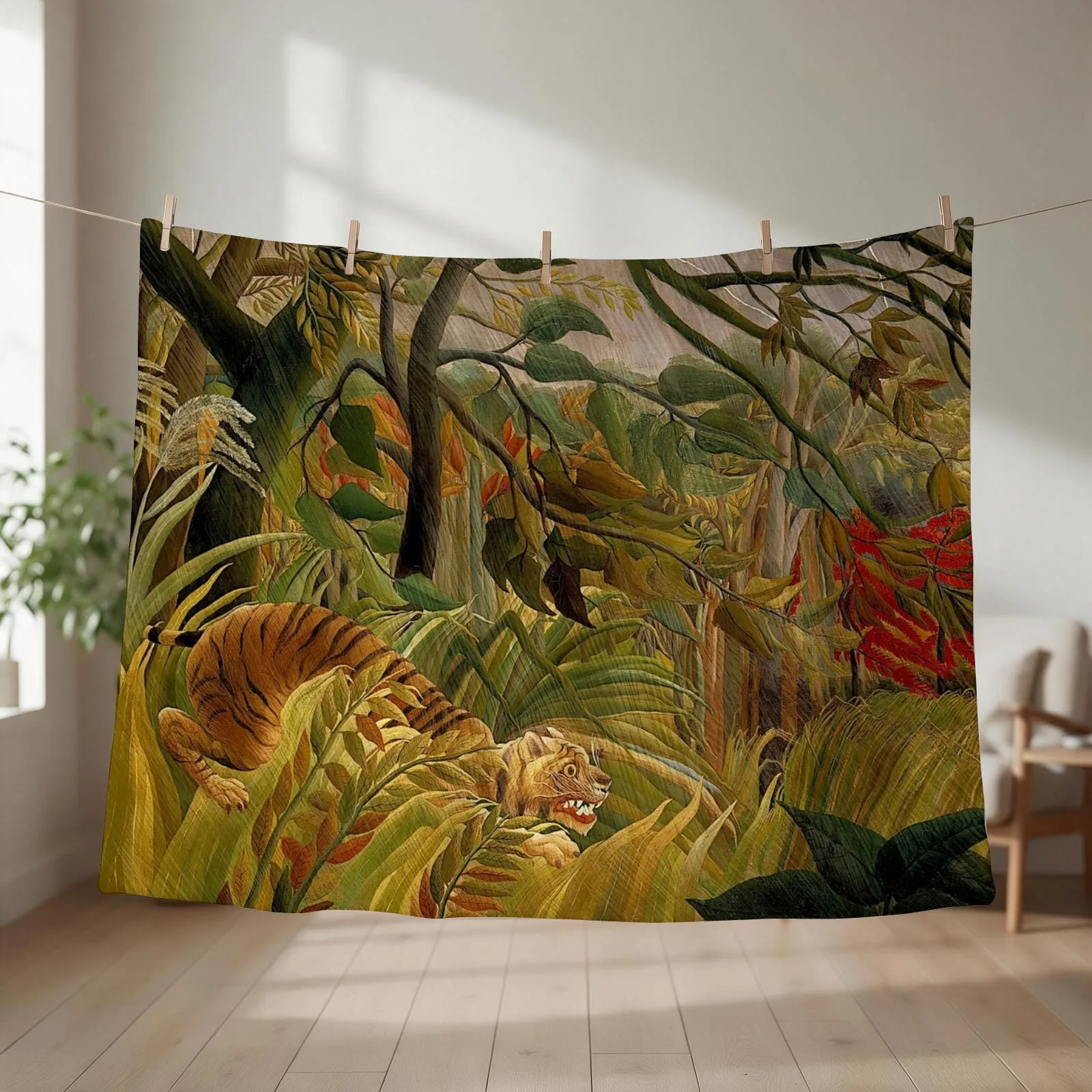 Henri Rousseau - Tiger in a Tropical Storm Throw Blanket couch cozy soft plush fuzzy picnic outdoor blanket