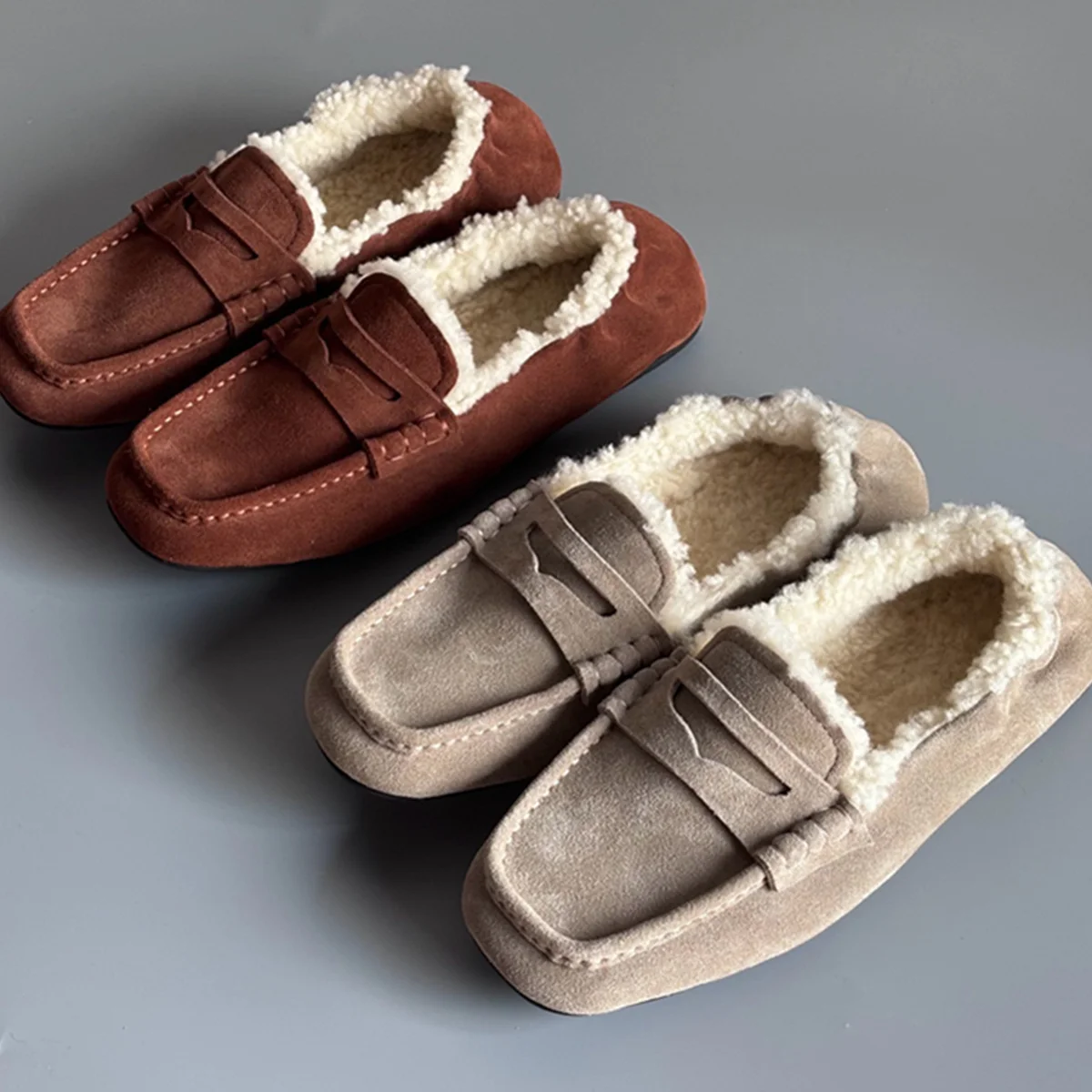 

Jenny&Dave Fashion Elegant Warm Soft Winter Woman Shoes Vintage Wool Loafers Shoes Genuine Suede Leather Snow Shoes For Woman