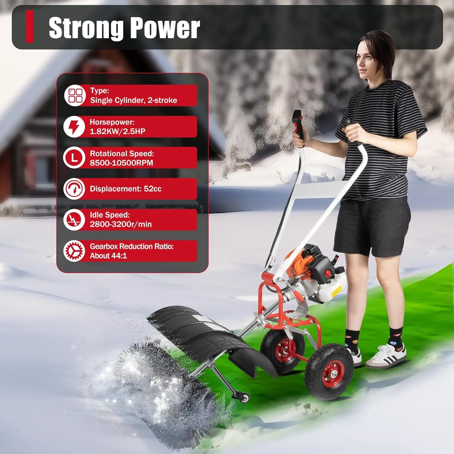 52CC Gas Powered Double Handle Cleaning Sweeper Broom, 2.5HP Walk Behind Snow Sweeper Gas Engine Handheld Snow Sweeper