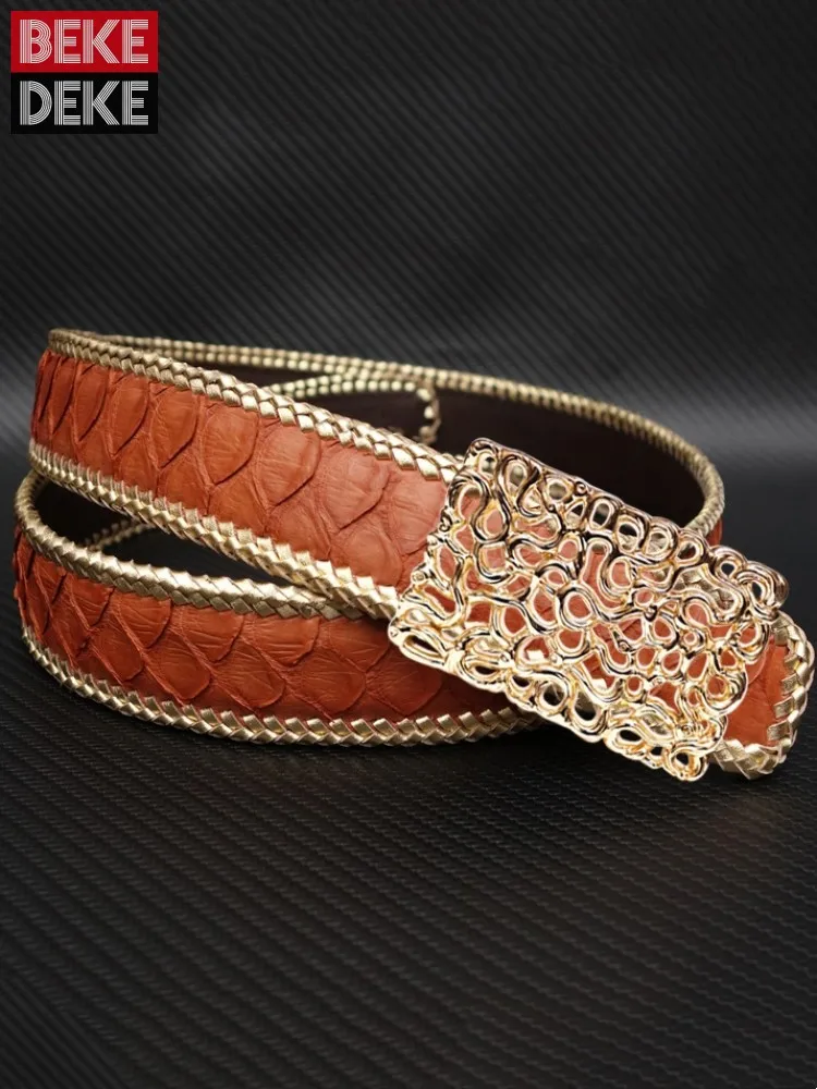 Luxury Mens Genuine Leather Snake Skin Belt Long Business Casual Fashion Weave Serpentine Belt Male