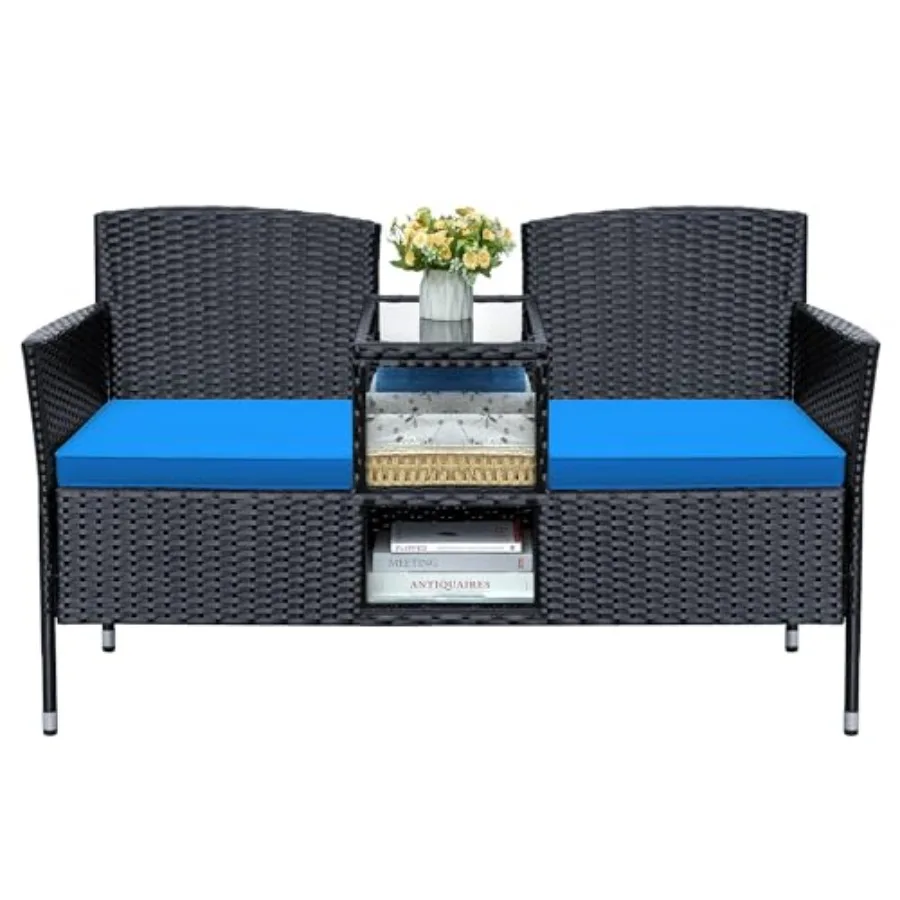 

Greesum Patio Loveseat Outdoor Wicker Furniture Conversation Set with Soft Cushions and Built-in Coffee Table for Lawn Garden B