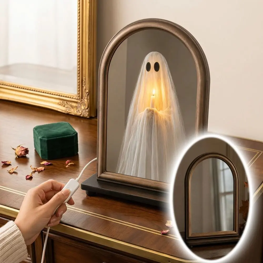 LED Glowing Ghost Mirror Battery Powered Warm LED Lights Halloween Ghost Mirror Ghost Shaped Illuminated Wall Hanging Mirror