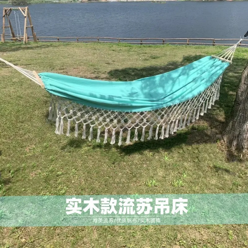 Outdoor camping Indoor leisure swing Exotic wind fringed hammock Wooden stick camping hammock