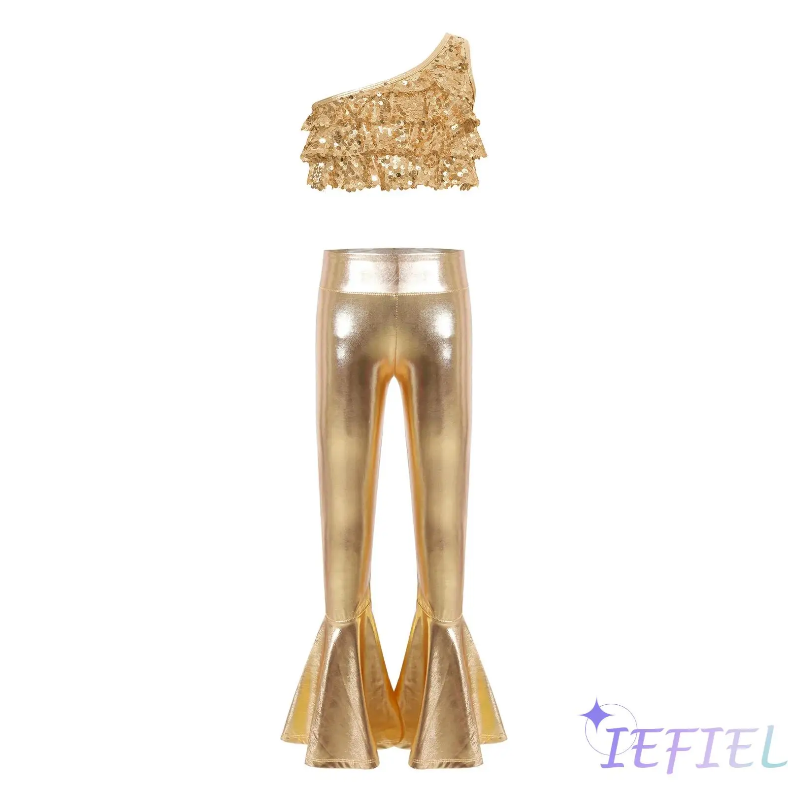 

Girls Jazz Performance Dance Outfit One Shoulder Sequins Crop Top with Tiered Ruffles And Metallic Ruffle Hem Bell Bottom Pants