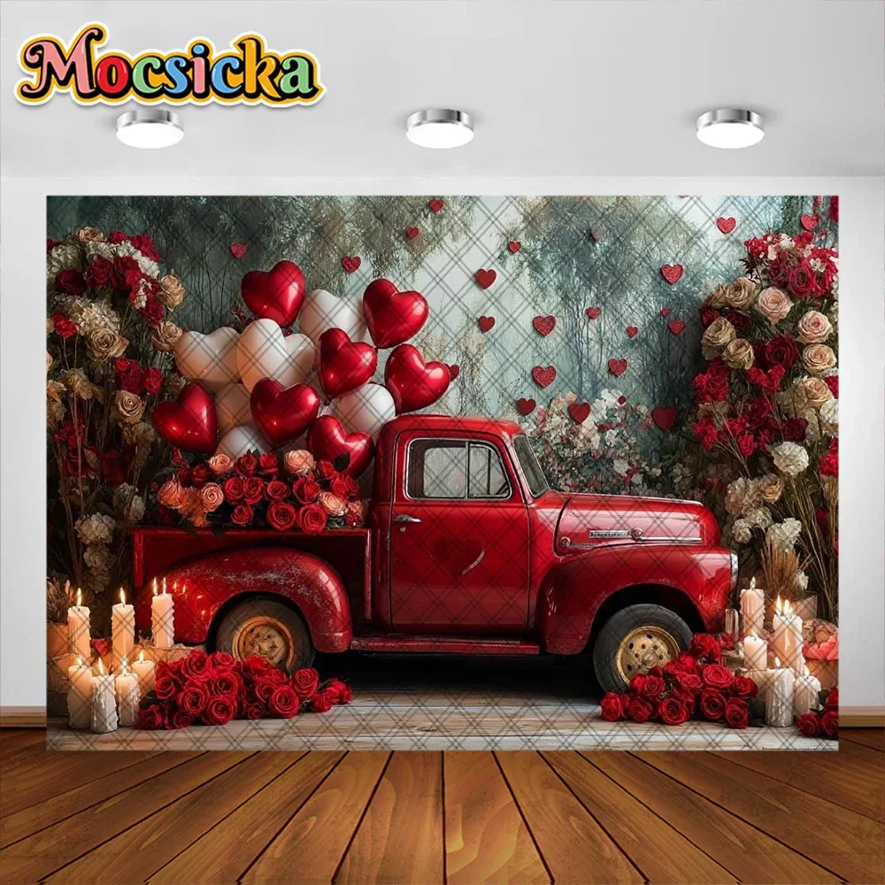발렌타인 데이 사진 배경 레드 러브 트럭 꽃 장식 배경, 베이비 샤워 소녀 초상화 사진 스튜디오 소품