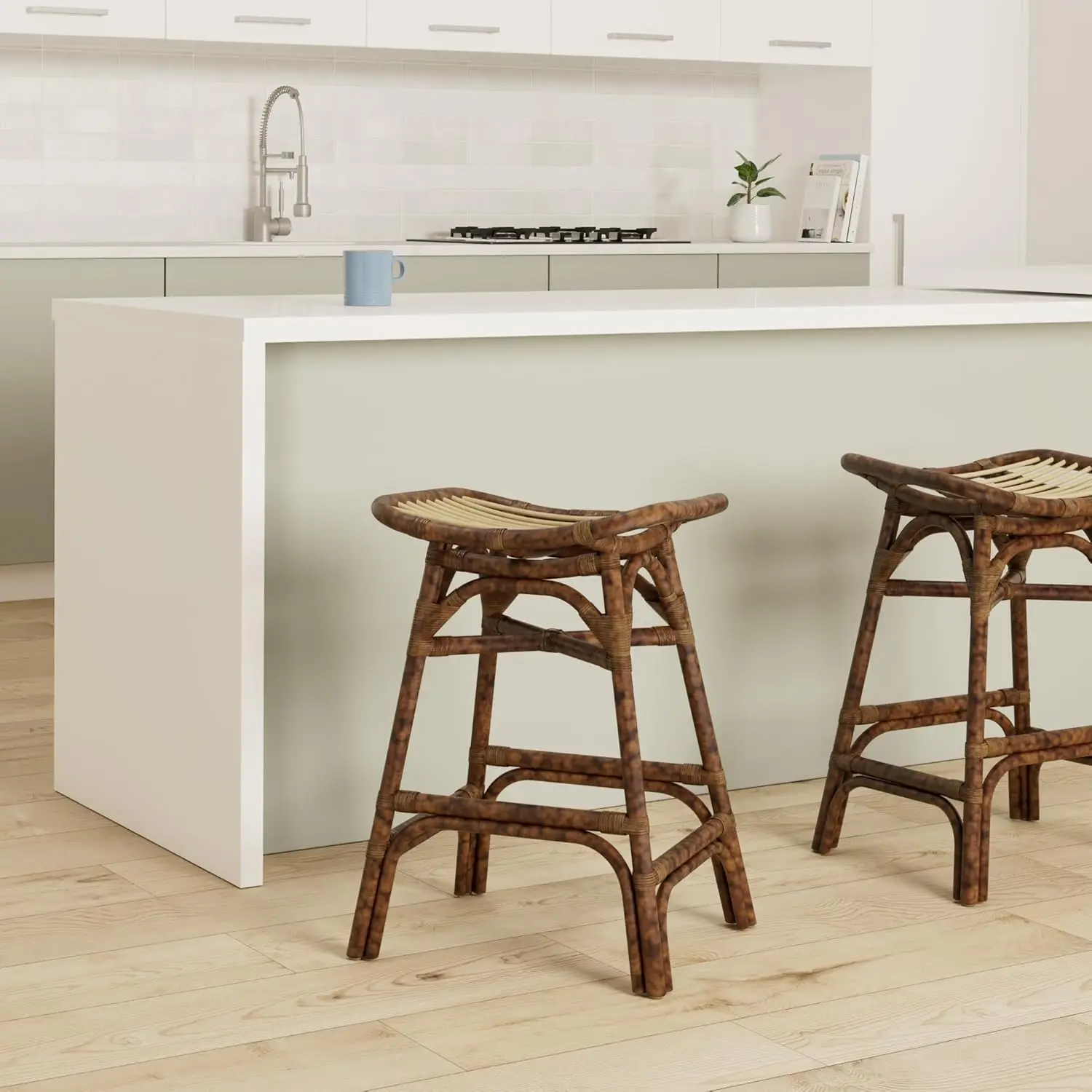 New Pacific Direct Beyla Rattan Backless  Counter Bar & Counter Stools, Marble Brown