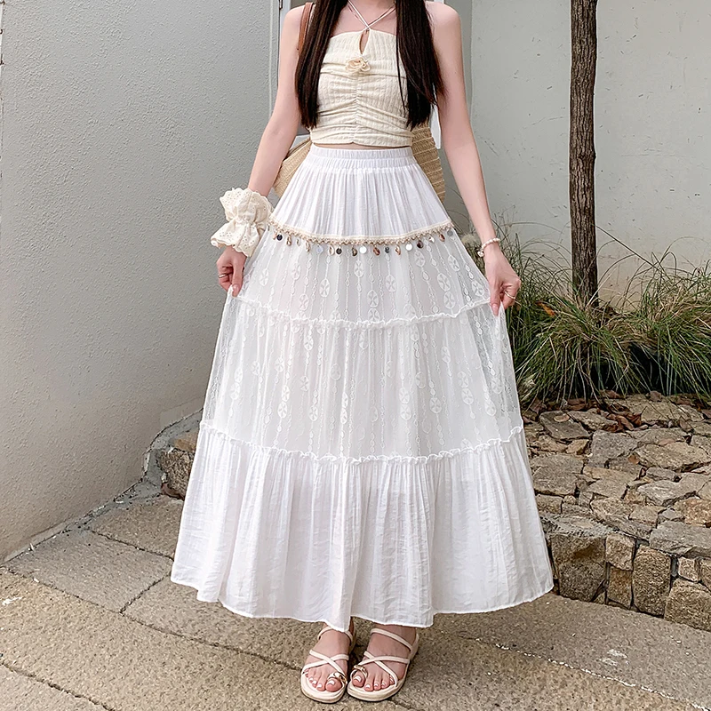 

Новые летние женские юбки, сшитые вручную настоящими ракушками, трехмерная вышивка, богемная отпускная юбка с рюшами и большим подолом