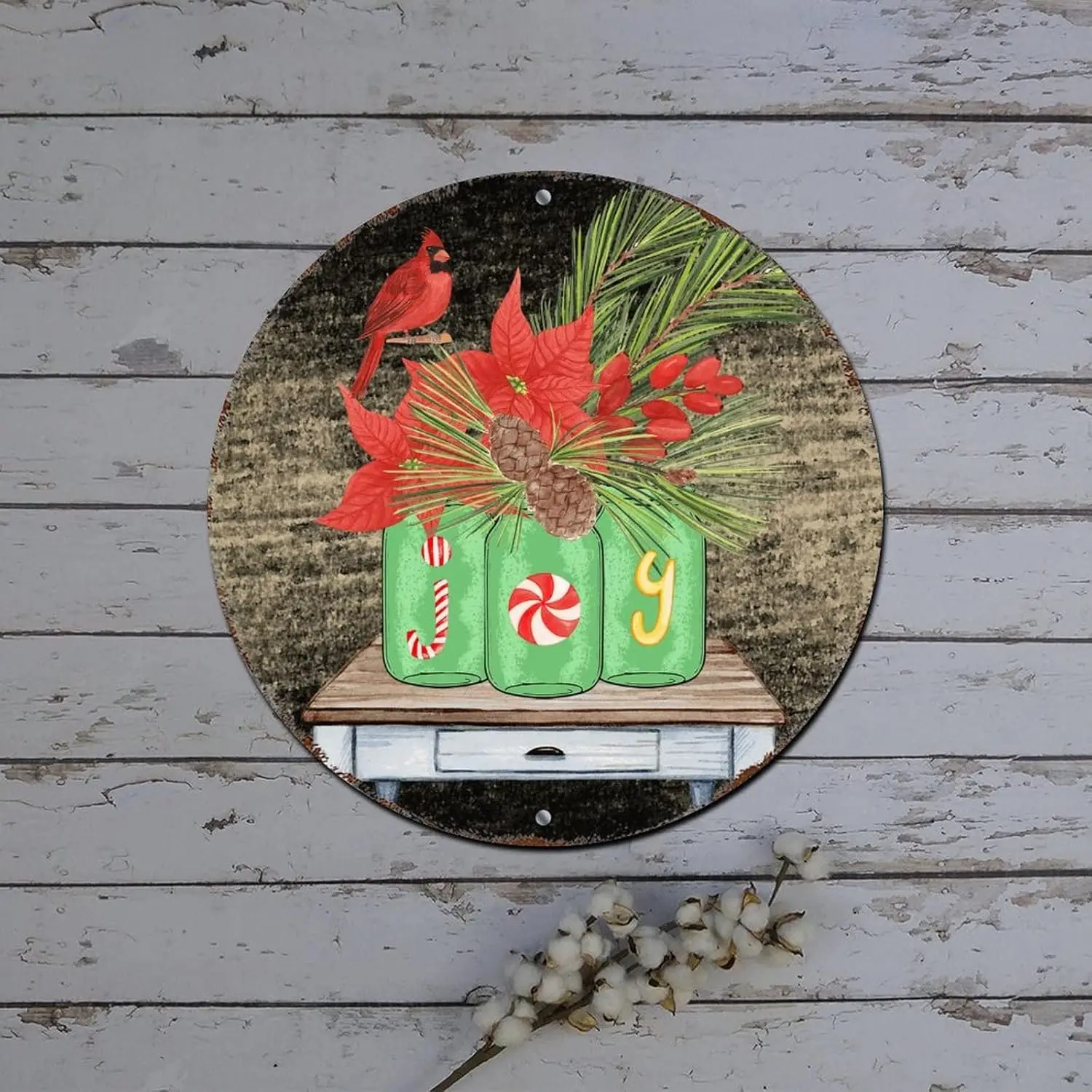 Merry Christmas Sign Poinsettia Vase Joy Wood Grain Round Metal Tin Sign Christmas Door Decor Vintage Aluminum Sign for Farmhous