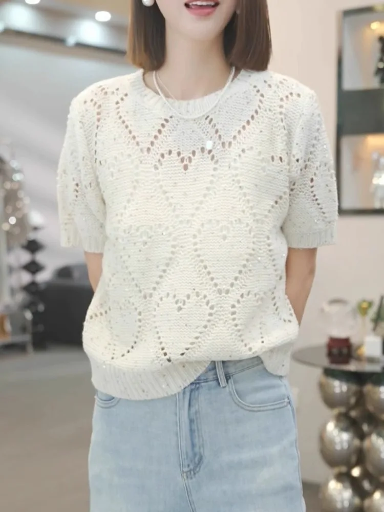 

Модный вязаный пуловер с коротким рукавом и круглым вырезом, с вырезами, приталенный, базовый топ для женщин, в корейском стиле, прямого кроя, из шелка