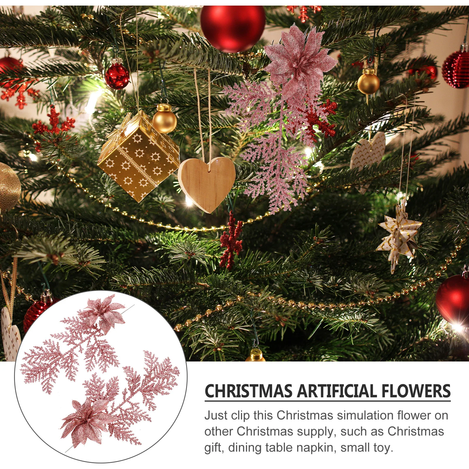 

6Pcs Glitter Fake Flower Christmas Decor Artificial Pine Branches for Tree Shelf Stair Handrail Xmas Table Setting Wreath