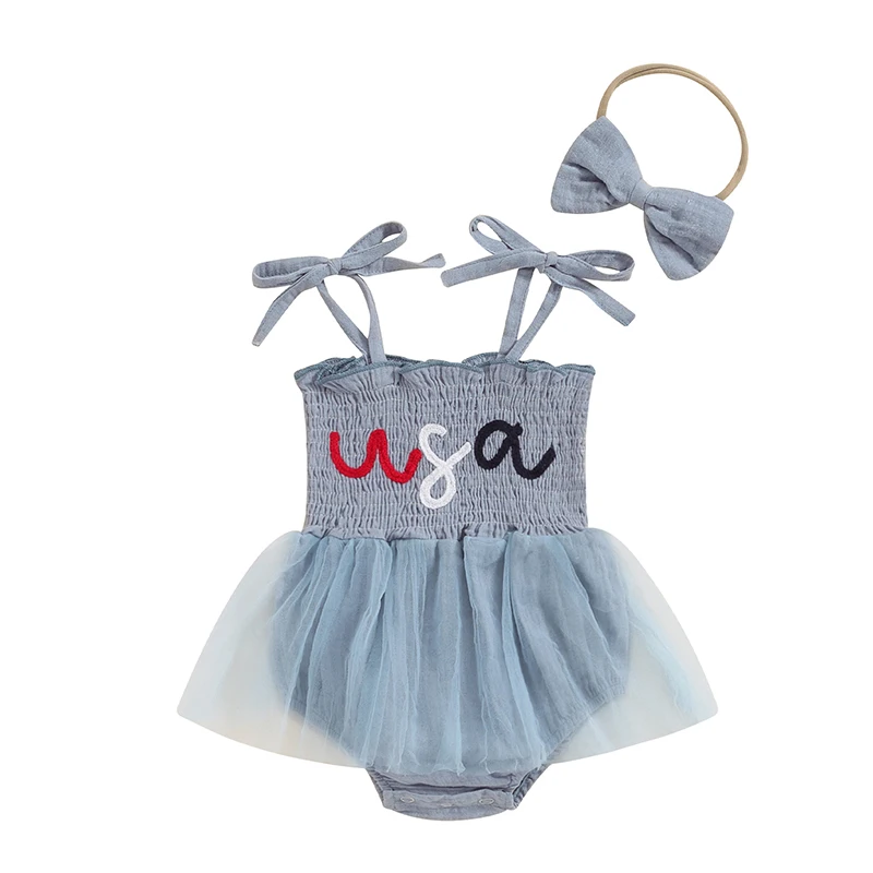 Baby Girl Summer Jumpsuit 4th of July Letter Print Sleeveless Romper Dress and Headband Set Cute Fashion Clothes Outfits