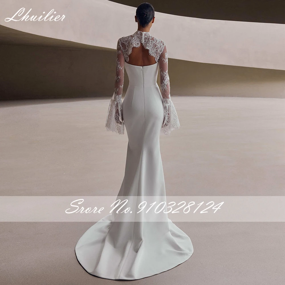 Lhuilier Customized Mermaid Satin Wedding Dresses Pleated Bridal Gowns with Removable Lace Jacket