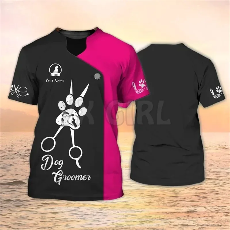 Camisa 3D con nombre personalizado para hombre, uniforme de aseo para perros, color negro y rosa, verano, 2024