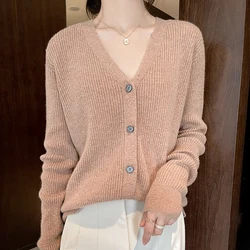 Hot Sale Autumn Winter New Female Wool Blend Sweater Woman V-neck Cardigan Fashion Casual Knitted Tops Solid Color Sweater