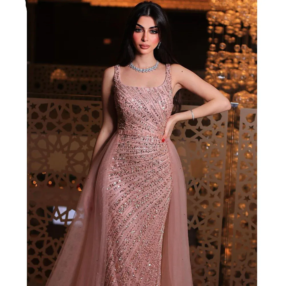 Pink Mermaid Detachable Evening Dresses Straps Beaded Sleeveless Luxury Arabic Prom Gowns 2023 For Women Wedding Party Vestidos