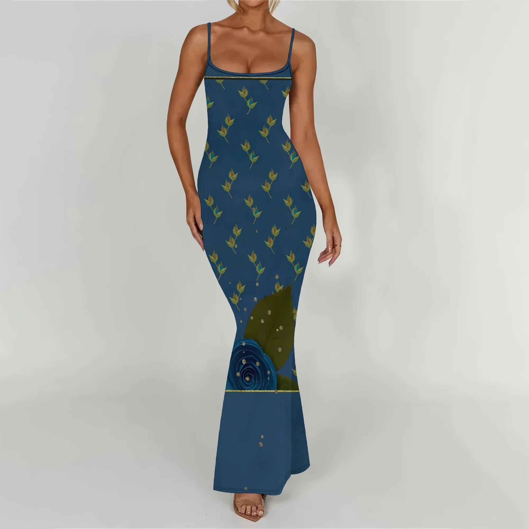 

Nupusa Denim - like Floral Print Dress for Women Regular Size Summer Casual Spaghetti Strap Maxi Dress