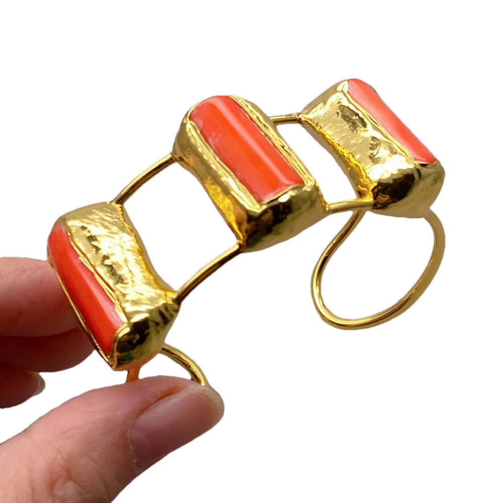 Y·YING Hammered Gold Plated Orange Coral Statement Bangle Bracelet Wide Open Band Rectangle Red Stone Bohemian Chunky Adjustable